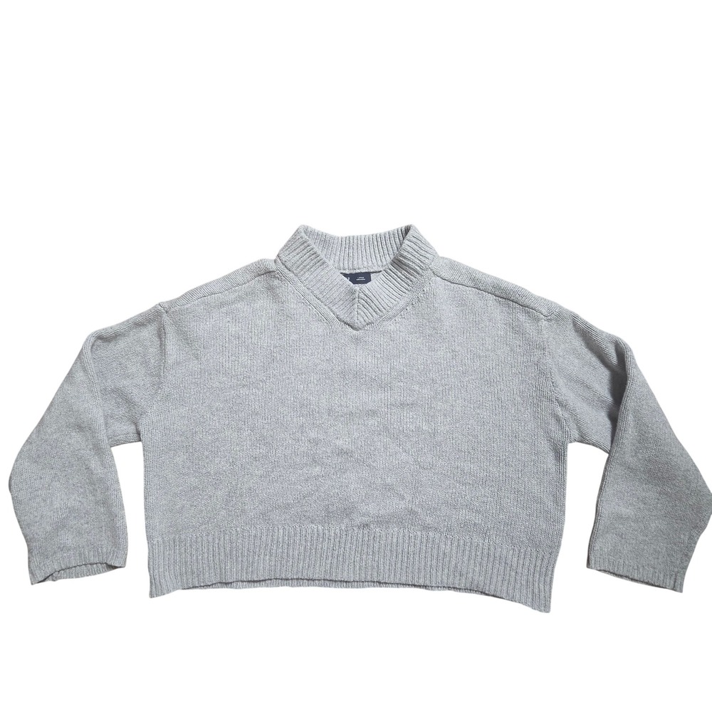 Gap Womens Cropped V-Neck Boxy Knit Sweater L Cotton Blend 90s Elevated Basic